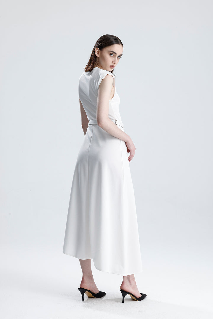 SNS Sense White Belted Sleeveless Long Dress with Shoulder Detail - Altamira