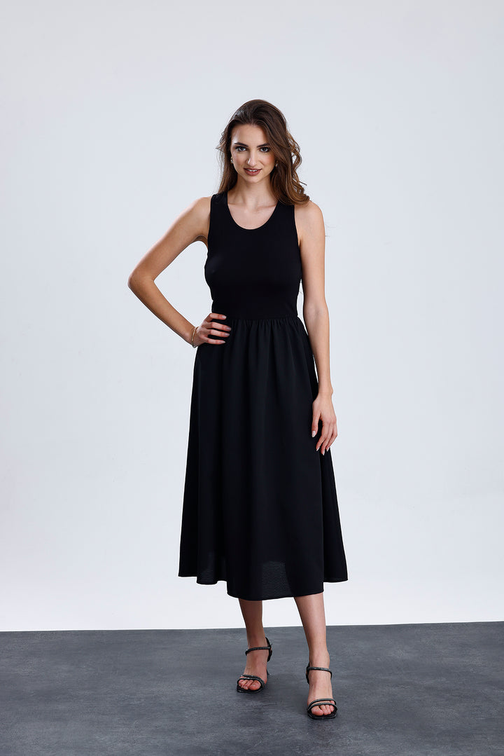 SNS Sense Black Top Lycra Viscose Bottom Polyviscose Elastic Waist Sleeveless Long Dress - Franklin