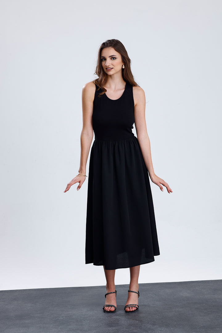 SNS Sense Black Top Lycra Viscose Bottom Polyviscose Elastic Waist Sleeveless Long Dress - Franklin