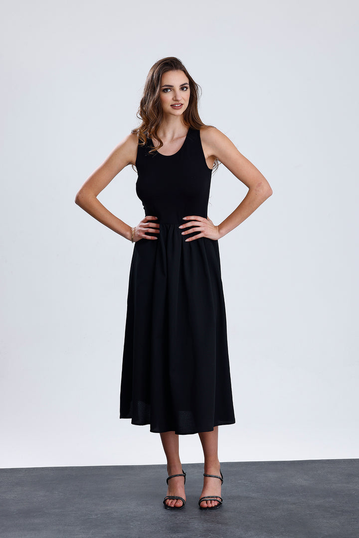 SNS Sense Black Top Lycra Viscose Bottom Polyviscose Elastic Waist Sleeveless Long Dress - Franklin