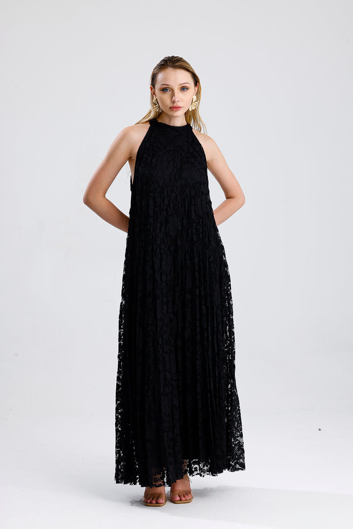 SNS Black Lined Lace Evening Long Dress - Marratxi