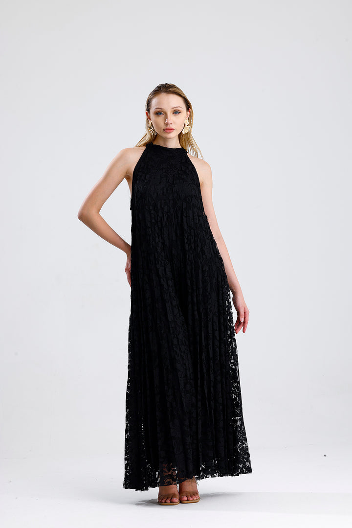 SNS Black Lined Lace Evening Long Dress - Marratxi