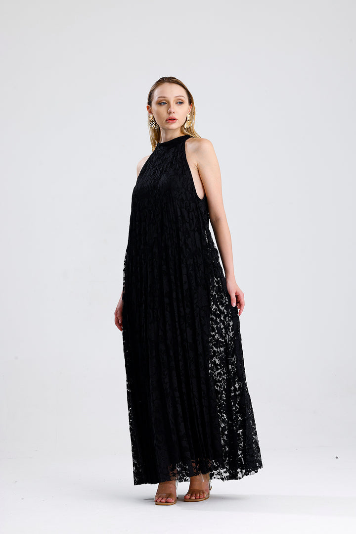 SNS Black Lined Lace Evening Long Dress - Marratxi