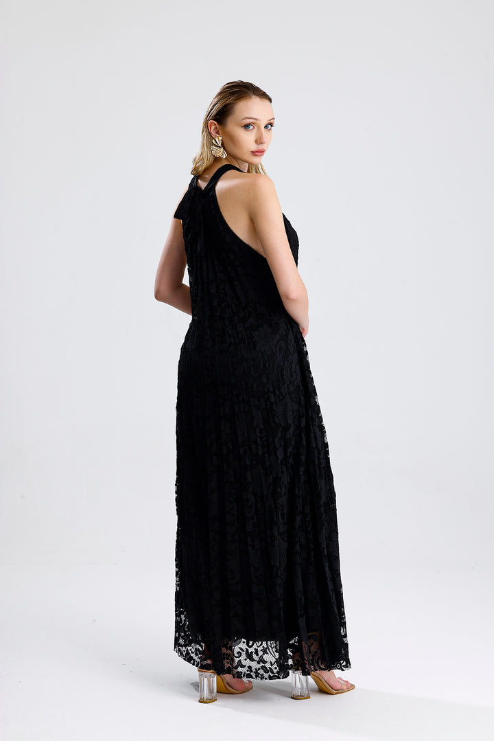 SNS Black Lined Lace Evening Long Dress - Marratxi