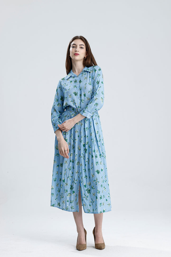 SNS Sense Mavi Çiçekli PİLELİ BELİ KEMERLİ ÇİÇEKLİ VİSKON ELBİSE  - Villahermosa