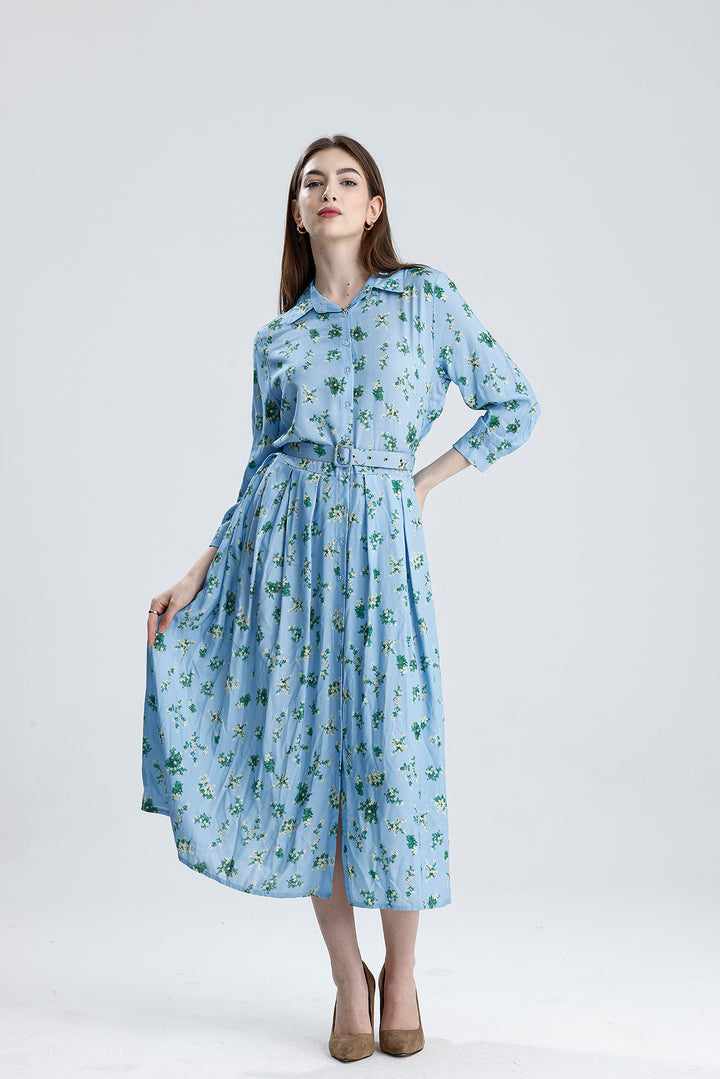SNS Sense Mavi Çiçekli PİLELİ BELİ KEMERLİ ÇİÇEKLİ VİSKON ELBİSE  - Villahermosa