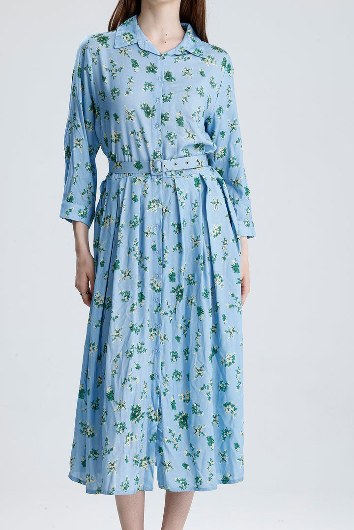 SNS Sense Mavi Çiçekli PİLELİ BELİ KEMERLİ ÇİÇEKLİ VİSKON ELBİSE  - Villahermosa