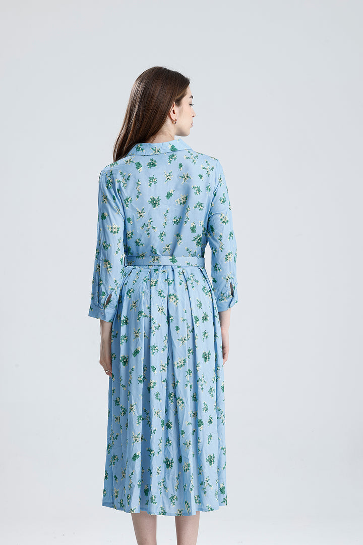 SNS Sense Mavi Çiçekli PİLELİ BELİ KEMERLİ ÇİÇEKLİ VİSKON ELBİSE  - Villahermosa