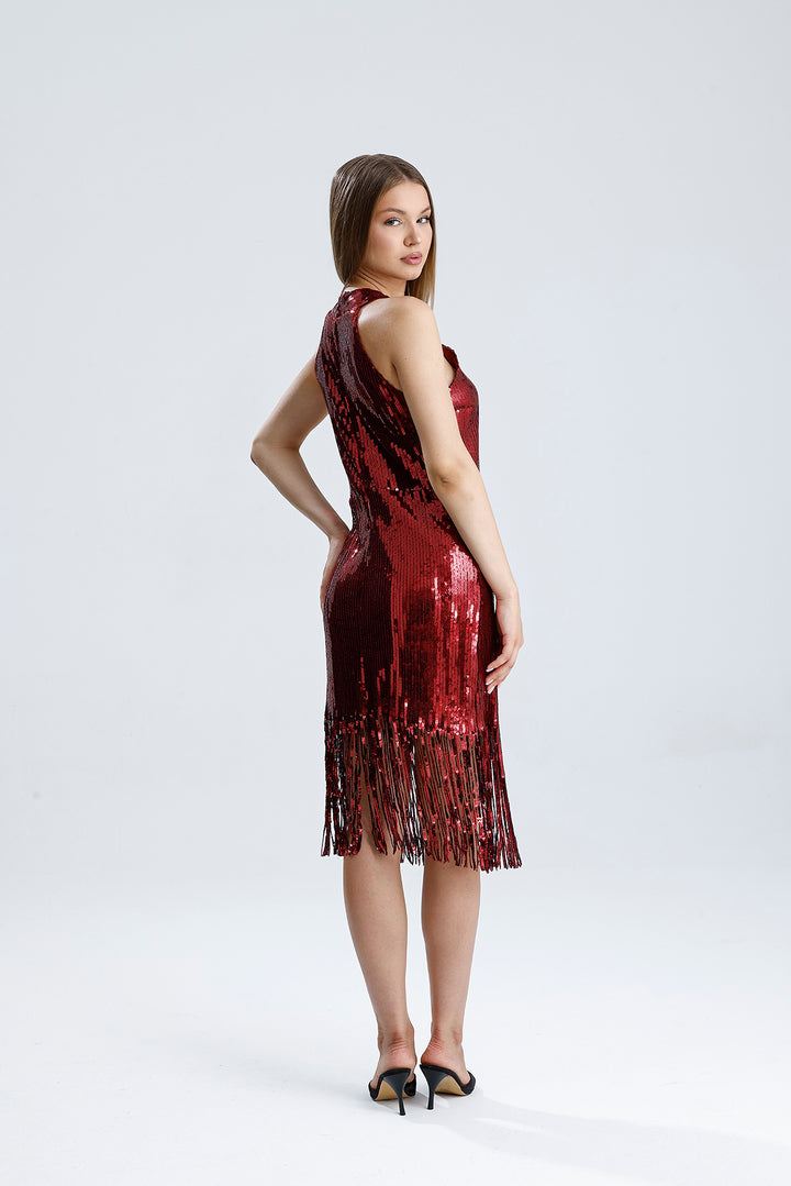 SNS Sense Bordeaux Tassel Sequin Dress - Star of Sparkling Nights - Iormughanlo