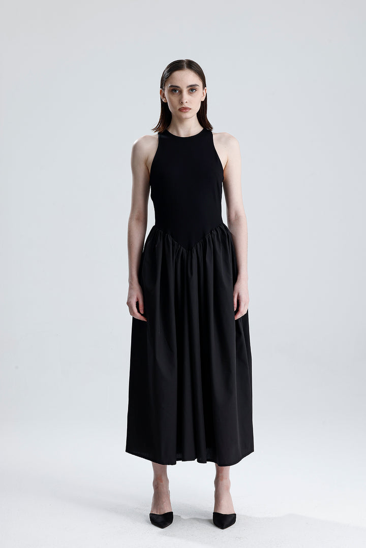 SNS Sense Black Bottom Woven Upper Type Viscose Sleeveless Dress - Vercelli