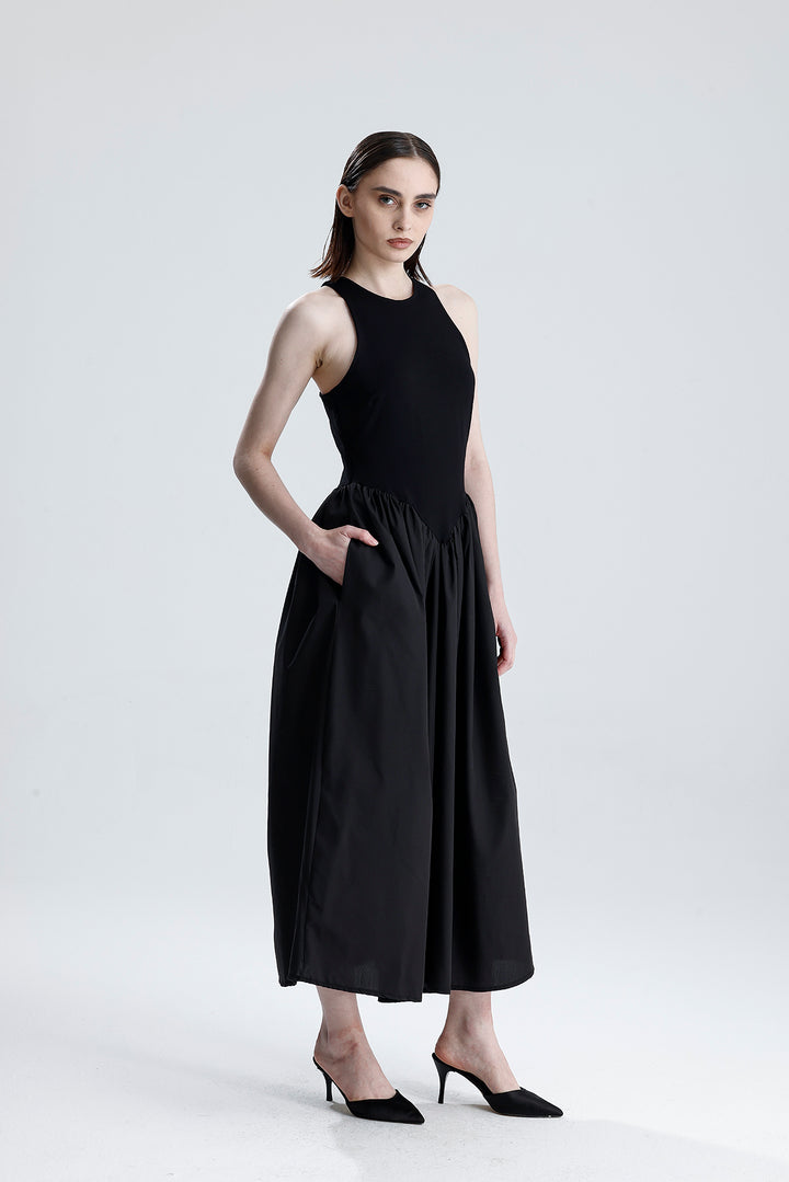 SNS Sense Black Bottom Woven Upper Type Viscose Sleeveless Dress - Vercelli