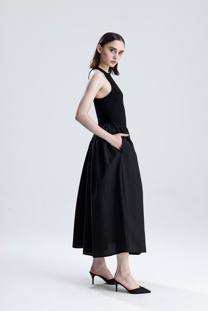 SNS Sense Black Bottom Woven Upper Type Viscose Sleeveless Dress - Vercelli