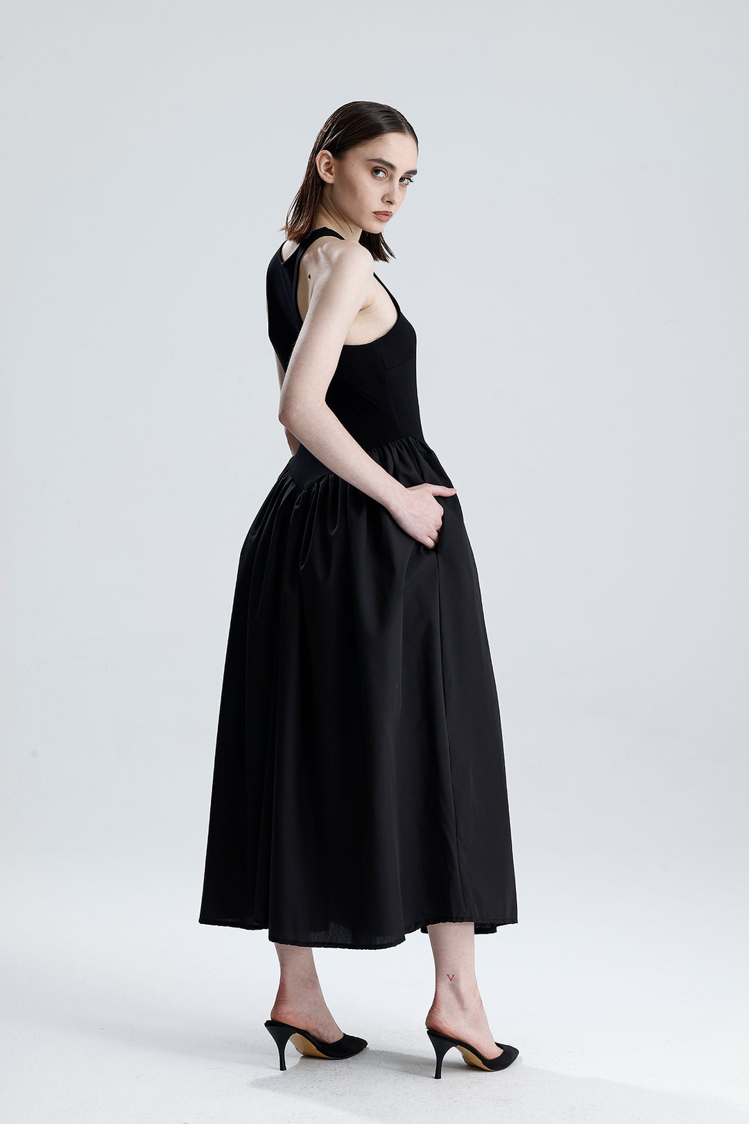 SNS Sense Black Bottom Woven Upper Type Viscose Sleeveless Dress - Vercelli