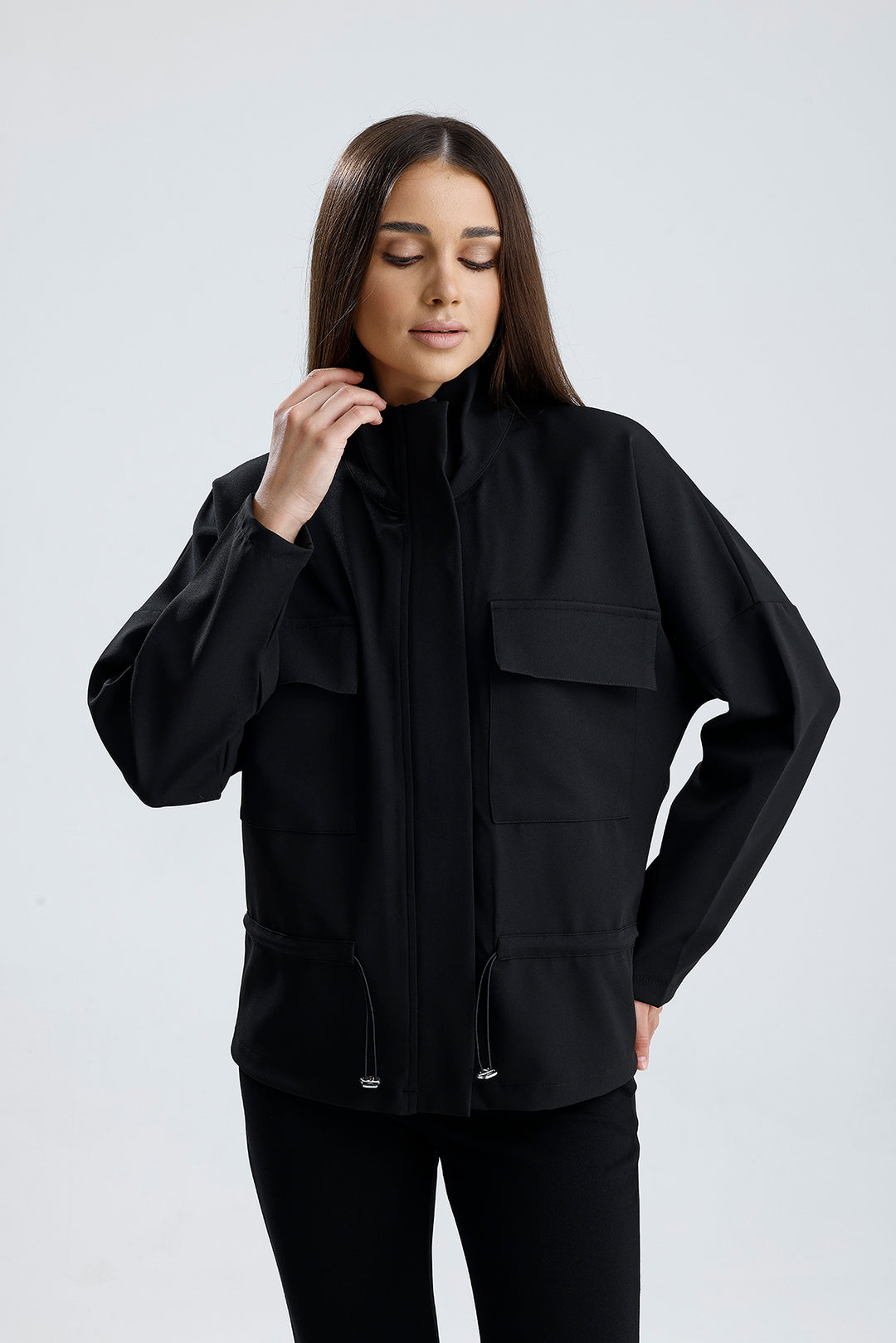 SNS Sense Black Zippered Top Pocketed Waist Stopped Elastic Short Sleeve Hurrem Jacket - Biella