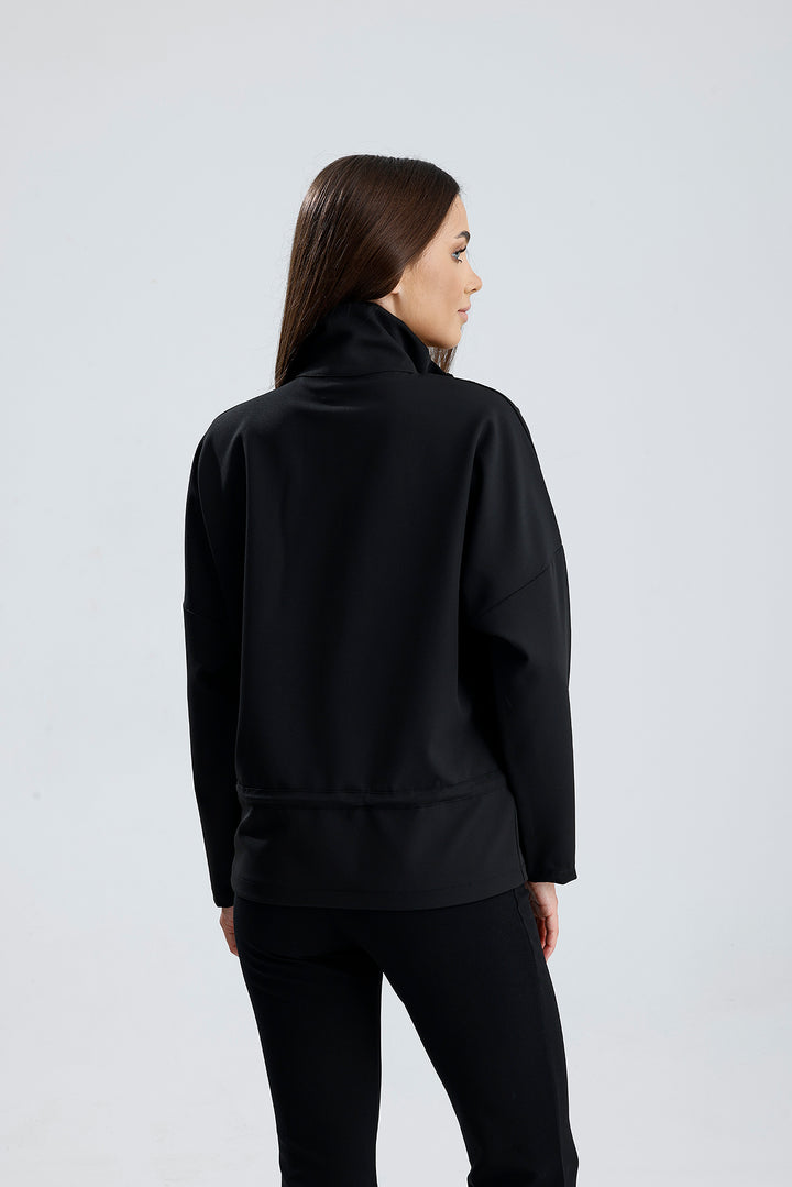 SNS Sense Black Zippered Top Pocketed Waist Stopped Elastic Short Sleeve Hurrem Jacket - Biella