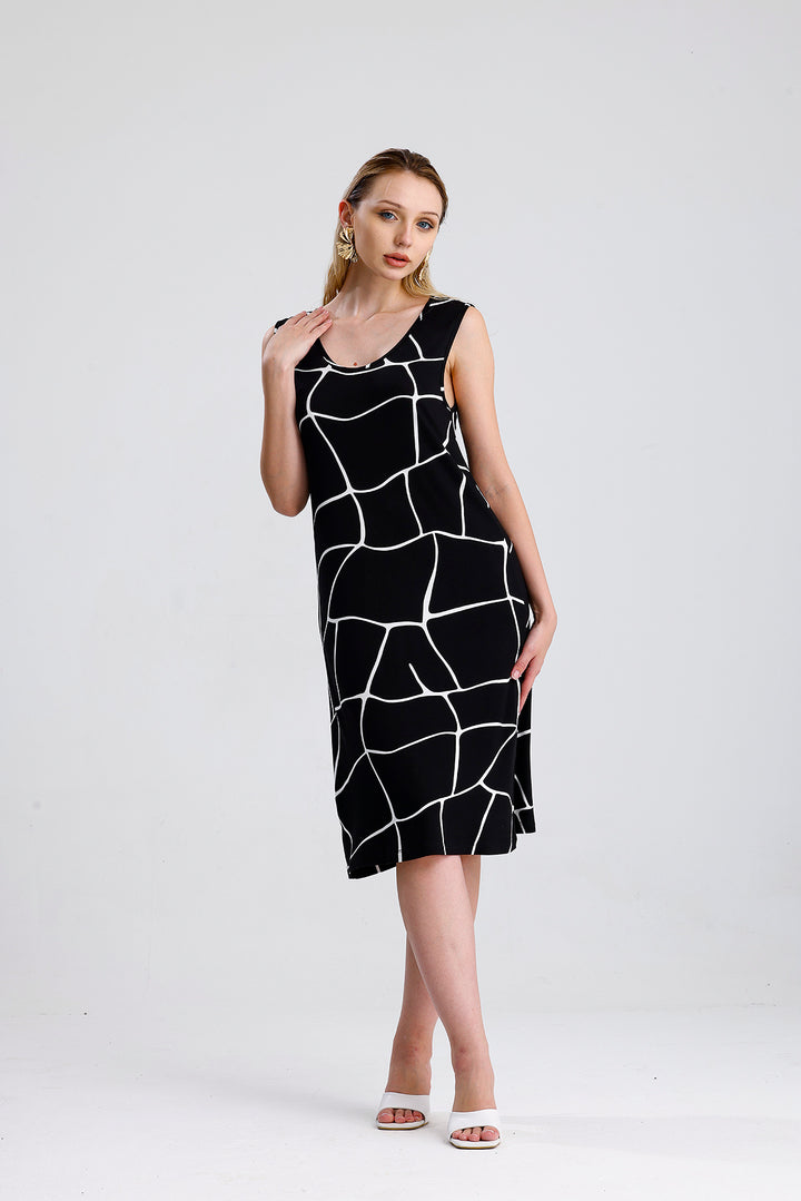 SNS Sense Black Ecru Square Pattern Sleeveless Printed Midi Viscose Dress - Battle Creek