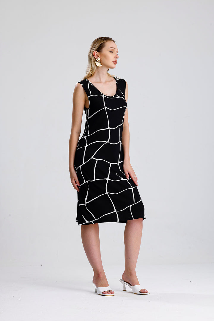 SNS Sense Black Ecru Square Pattern Sleeveless Printed Midi Viscose Dress - Battle Creek