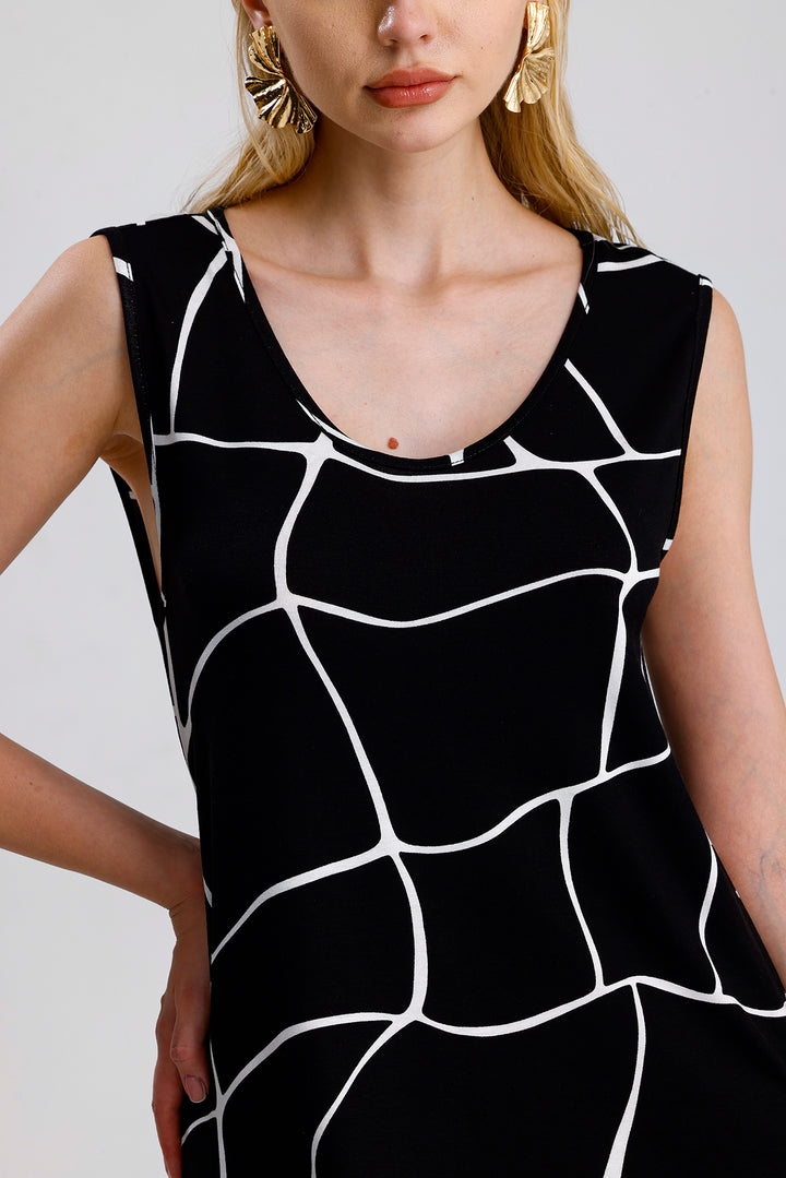 SNS Sense Black Ecru Square Pattern Sleeveless Printed Midi Viscose Dress - Battle Creek