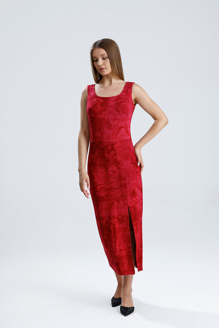 SNS Sense Bordeaux Batik Sleeveless Square Neck Knitted Viscose Dress - Narbonne
