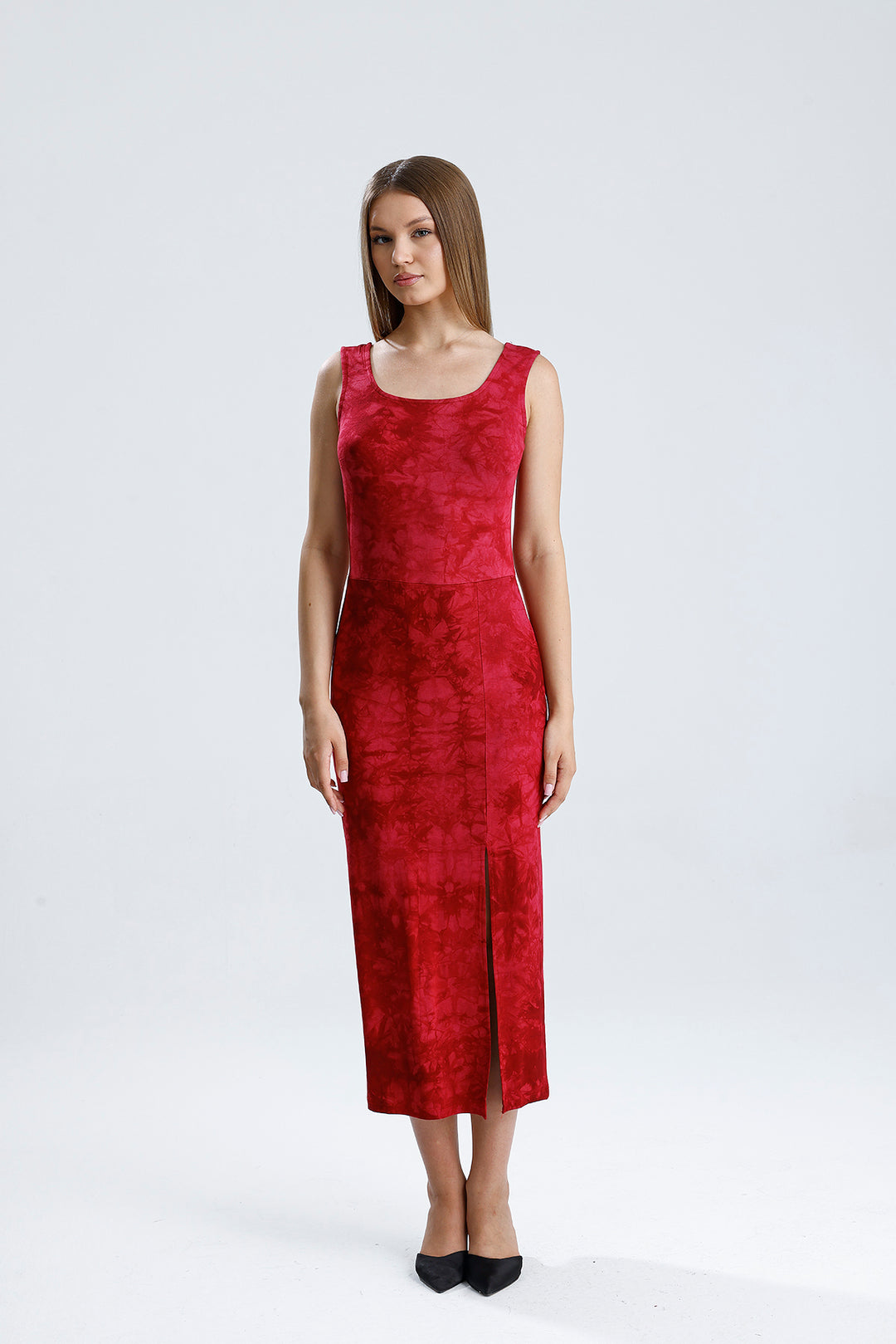 SNS Sense Bordeaux Batik Sleeveless Square Neck Knitted Viscose Dress - Narbonne
