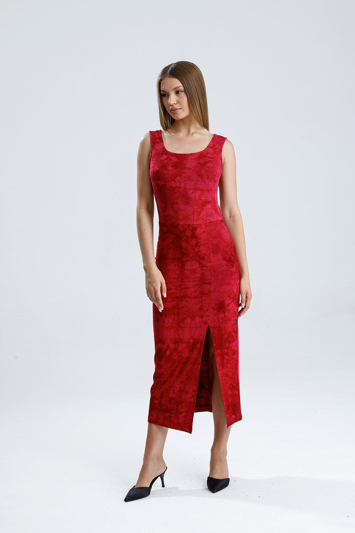 SNS Sense Bordeaux Batik Sleeveless Square Neck Knitted Viscose Dress - Narbonne