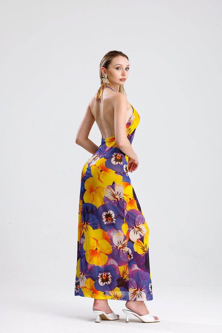 SNS Sense Yellow Purple Violet Patterned Flower Patterned Halter Neck Lined Long Dress - Châteauroux