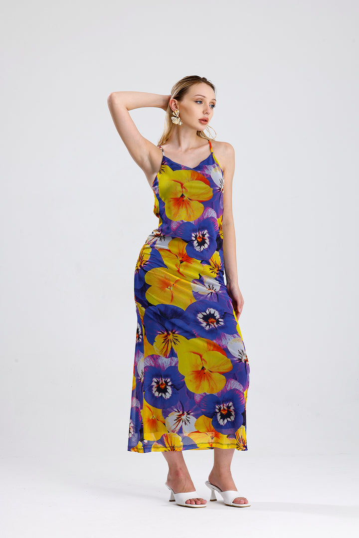 SNS Sense Yellow Purple Violet Patterned Flower Patterned Halter Neck Lined Long Dress - Châteauroux