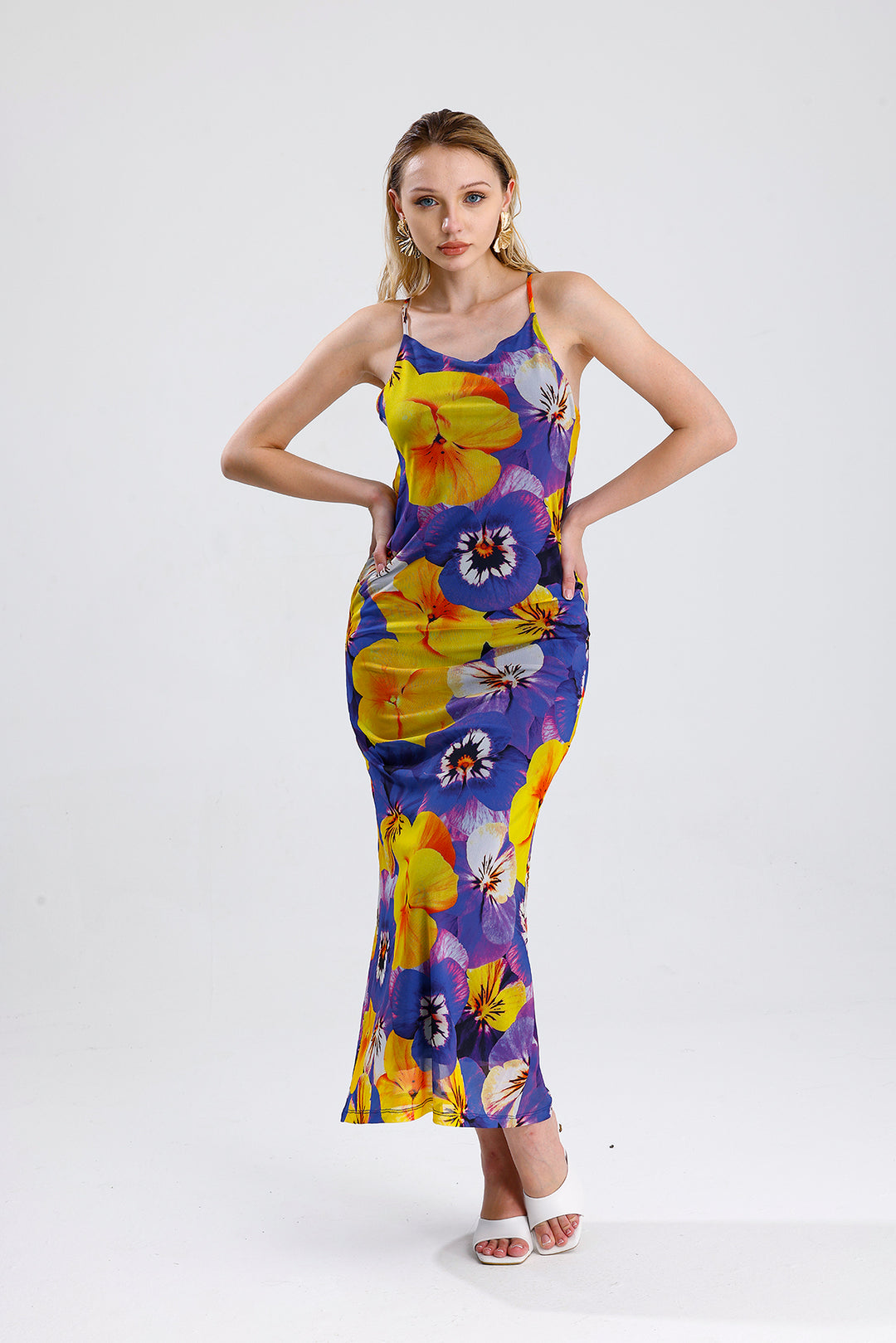 SNS Sense Yellow Purple Violet Patterned Flower Patterned Halter Neck Lined Long Dress - Châteauroux