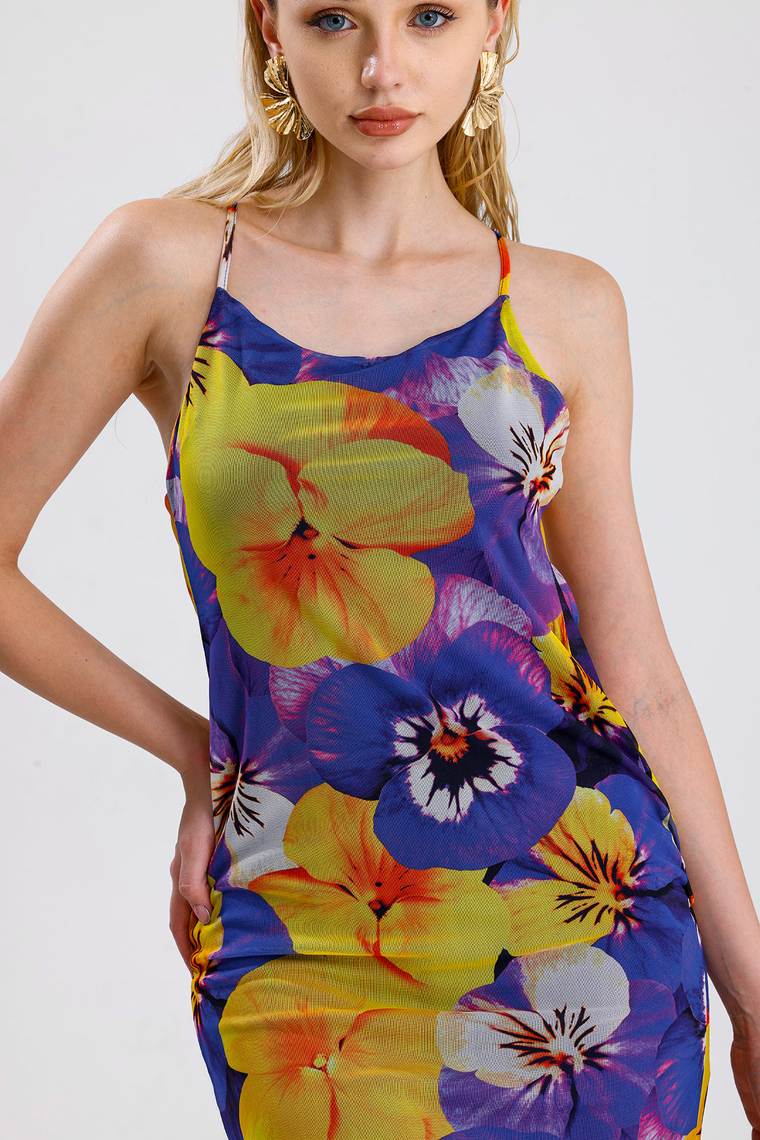 SNS Sense Yellow Purple Violet Patterned Flower Patterned Halter Neck Lined Long Dress - Châteauroux