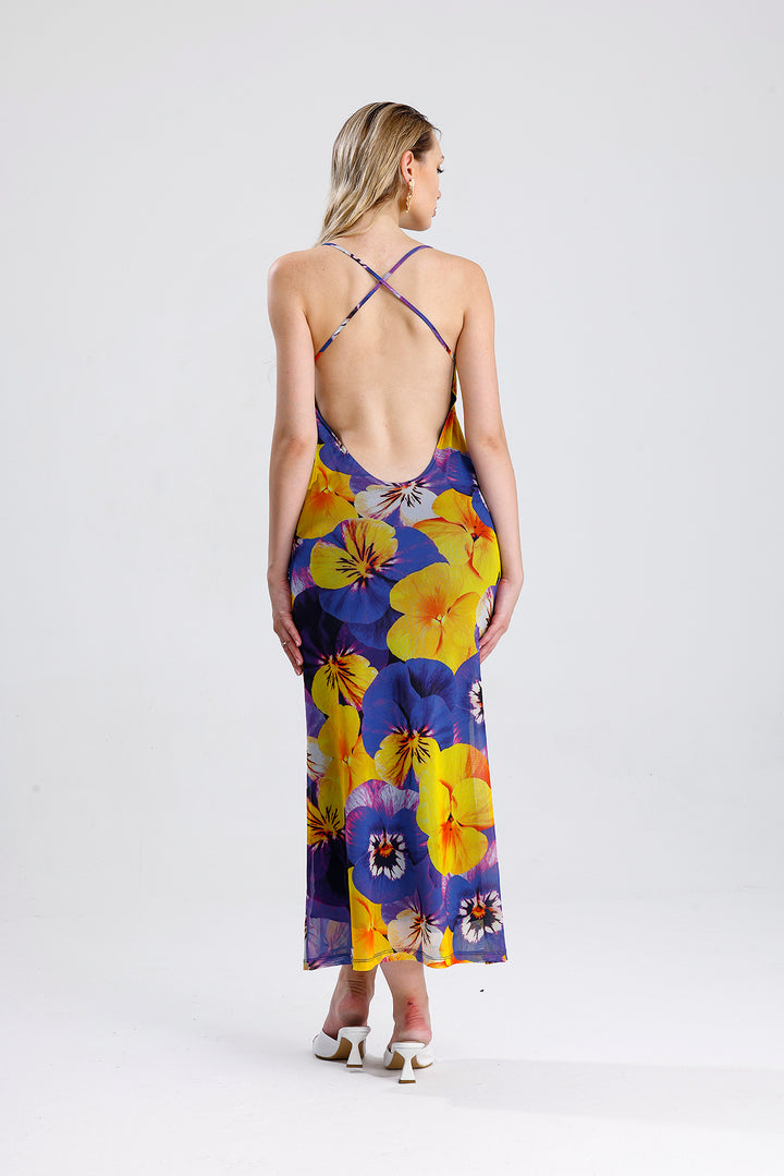 SNS Sense Yellow Purple Violet Patterned Flower Patterned Halter Neck Lined Long Dress - Châteauroux