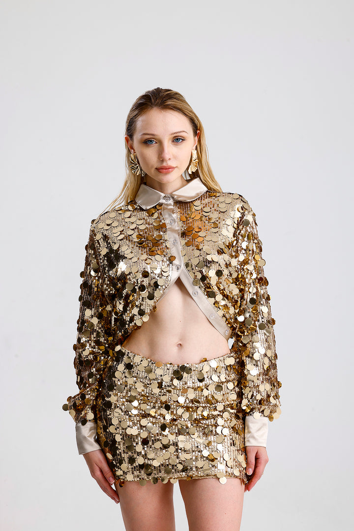 SNS Sense Gold Starry Sequined Detailed Evening Dress with Mini Skirt - Basildon
