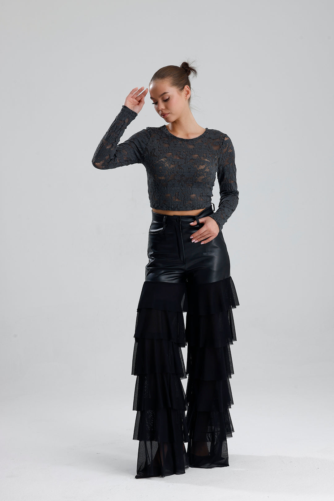 SNS Sense Gray Lace Long Sleeve Crop Top - Marano di Napoli