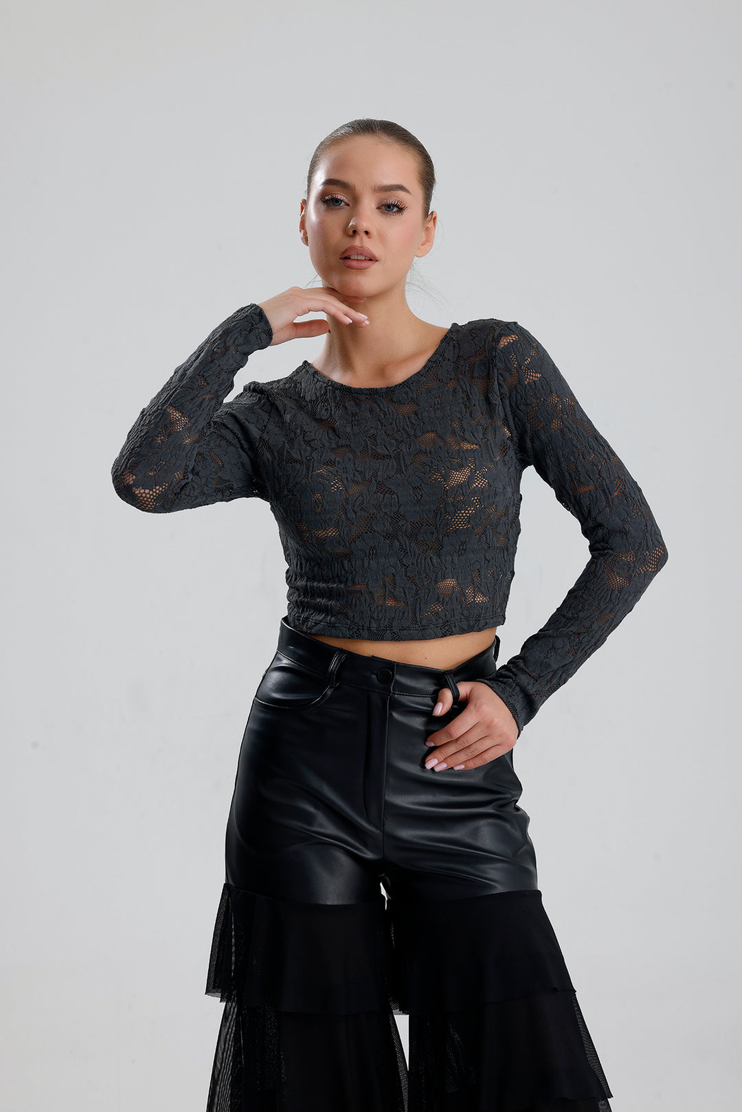 SNS Sense Gray Lace Long Sleeve Crop Top - Marano di Napoli