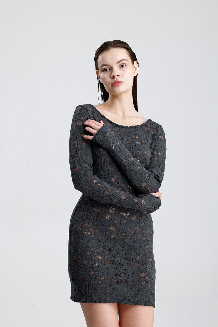 SNS Sense Grı Dantel Mini Elbise - Uzun Kollu, Şık Gece ve Parti Elbisesi  - Puteaux