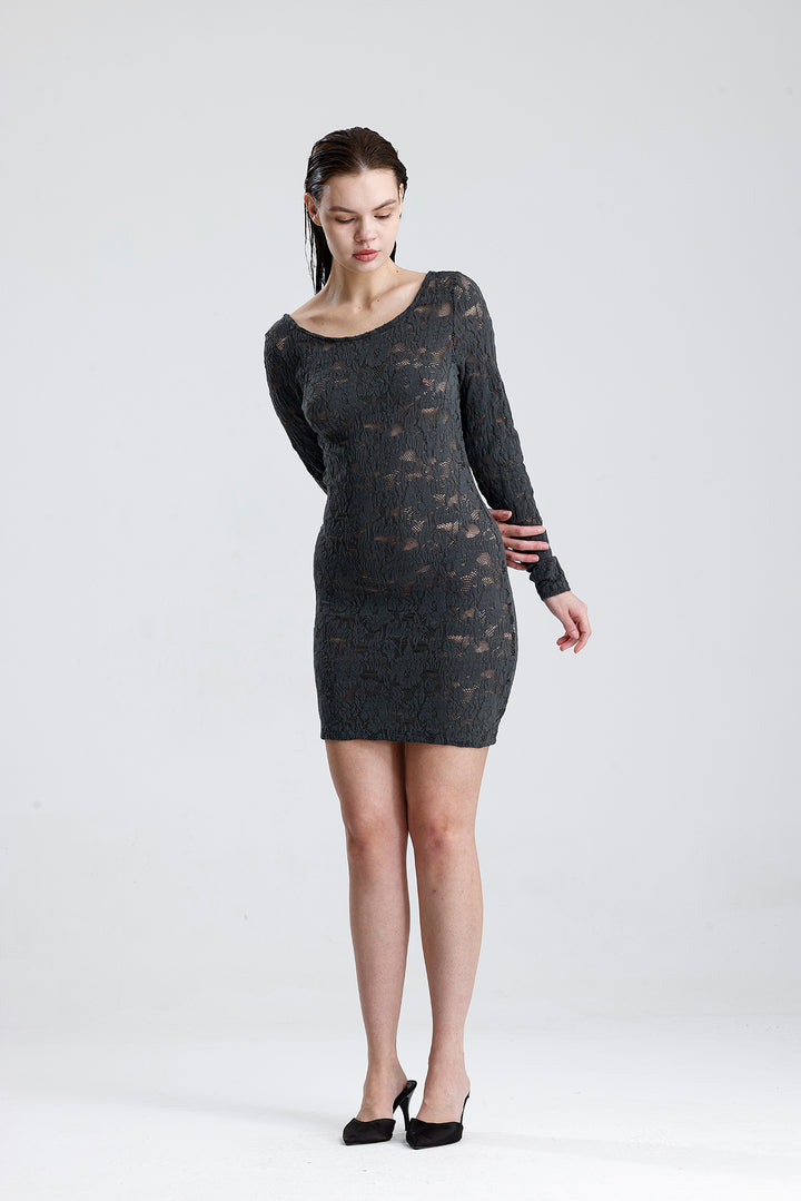 SNS Sense Grı Dantel Mini Elbise - Uzun Kollu, Şık Gece ve Parti Elbisesi  - Puteaux