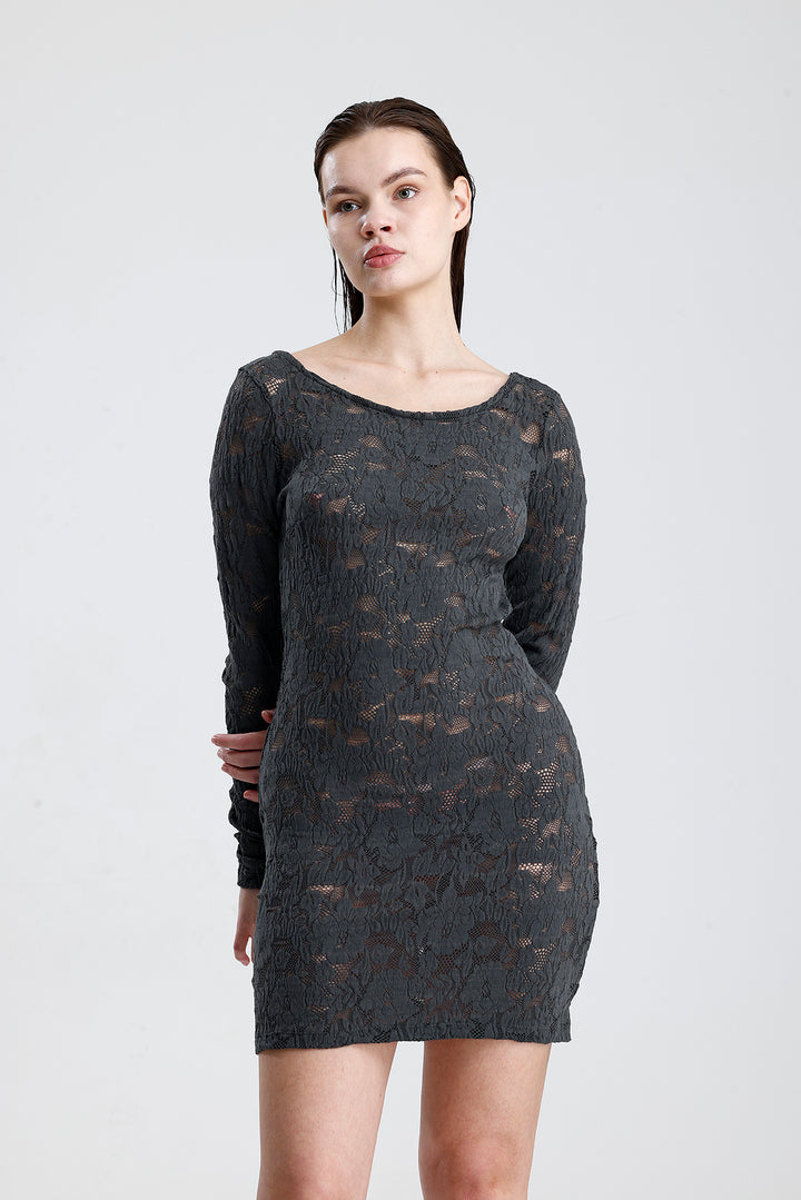 SNS Sense Grı Dantel Mini Elbise - Uzun Kollu, Şık Gece ve Parti Elbisesi  - Puteaux