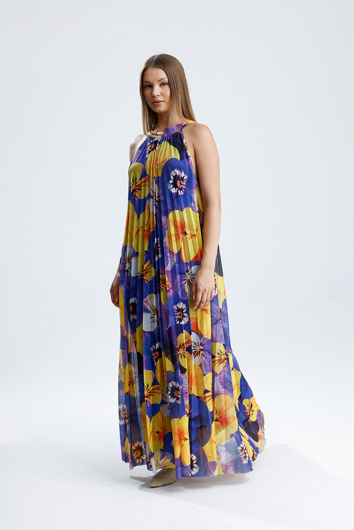 SNS Sense Yellow Purple Flower Lined Floral Pattern, Comfortable Cut, Stylish Summer Long Dress - Concord