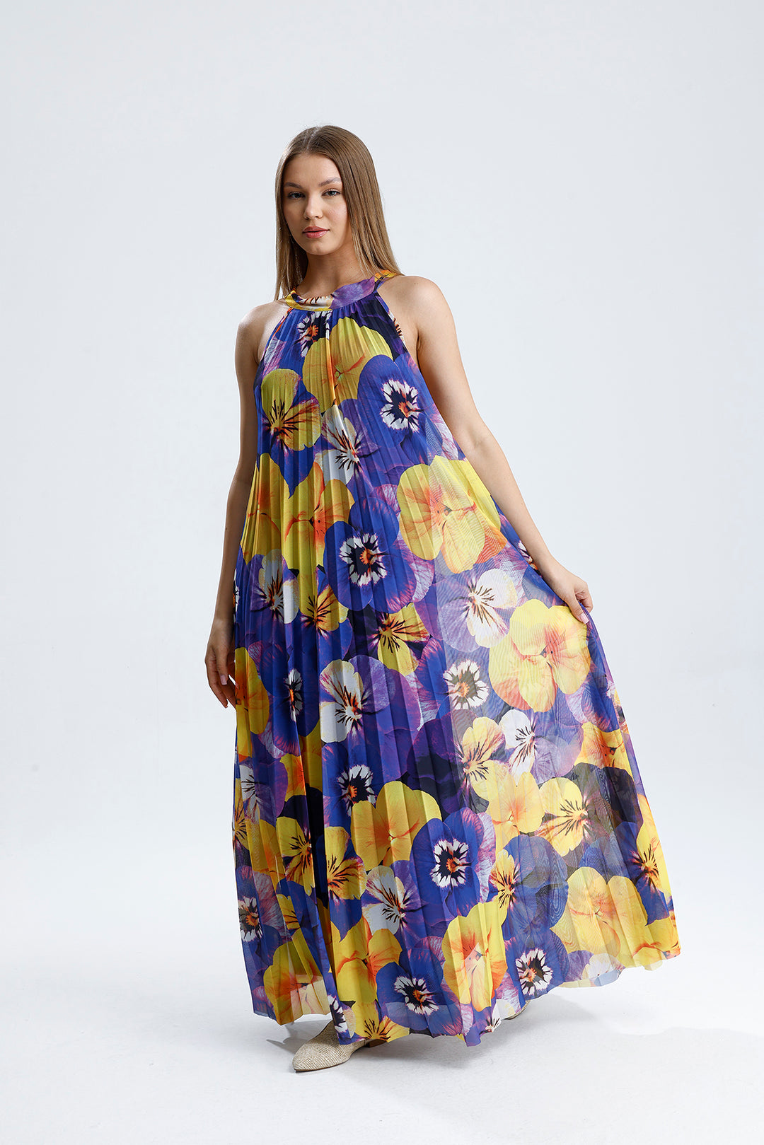 SNS Sense Yellow Purple Flower Lined Floral Pattern, Comfortable Cut, Stylish Summer Long Dress - Concord