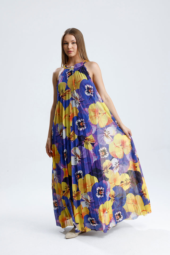 SNS Sense Yellow Purple Flower Lined Floral Pattern, Comfortable Cut, Stylish Summer Long Dress - Concord