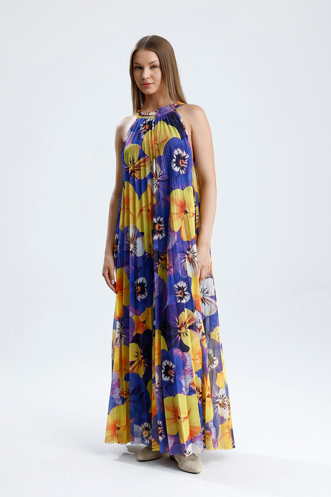 SNS Sense Yellow Purple Flower Lined Floral Pattern, Comfortable Cut, Stylish Summer Long Dress - Concord