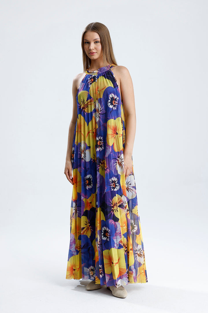 SNS Sense Yellow Purple Flower Lined Floral Pattern, Comfortable Cut, Stylish Summer Long Dress - Concord