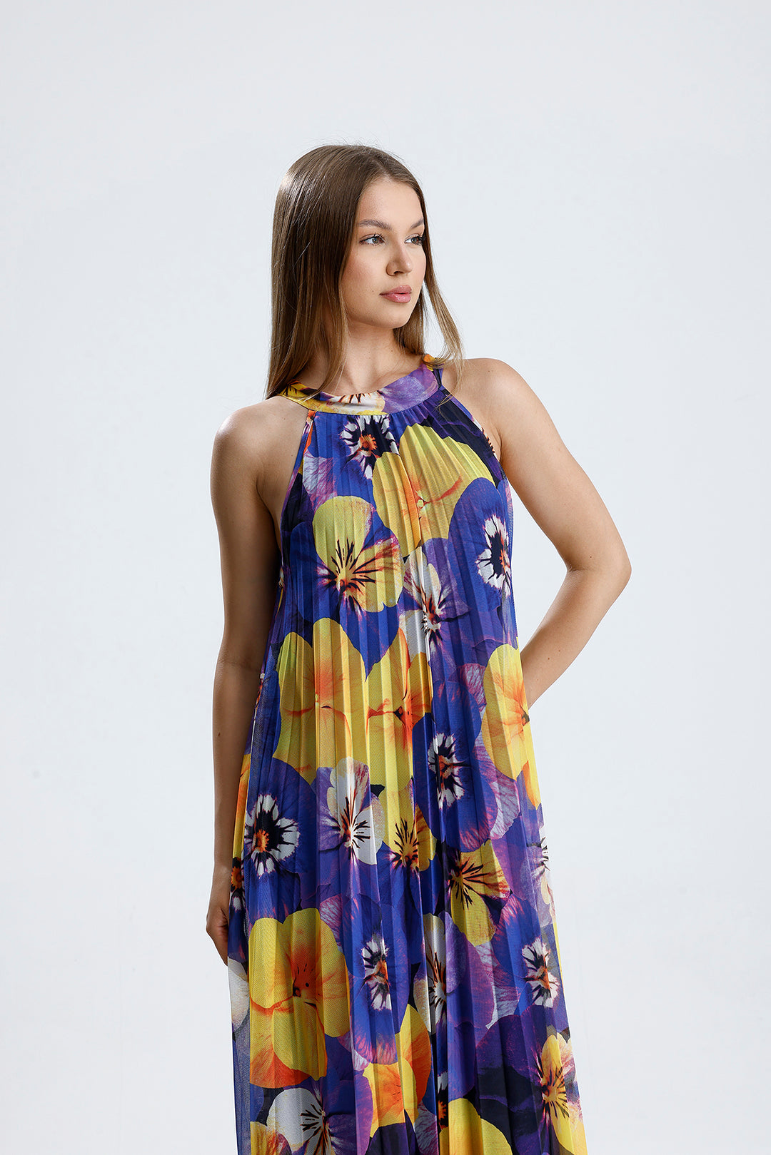 SNS Sense Yellow Purple Flower Lined Floral Pattern, Comfortable Cut, Stylish Summer Long Dress - Concord