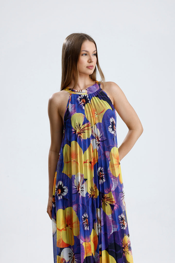 SNS Sense Yellow Purple Flower Lined Floral Pattern, Comfortable Cut, Stylish Summer Long Dress - Concord