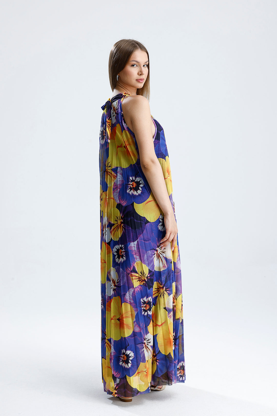 SNS Sense Yellow Purple Flower Lined Floral Pattern, Comfortable Cut, Stylish Summer Long Dress - Concord