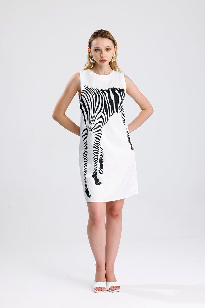 SNS Sense White Pool Neck Digital Printed Satin Dress - Farnborough