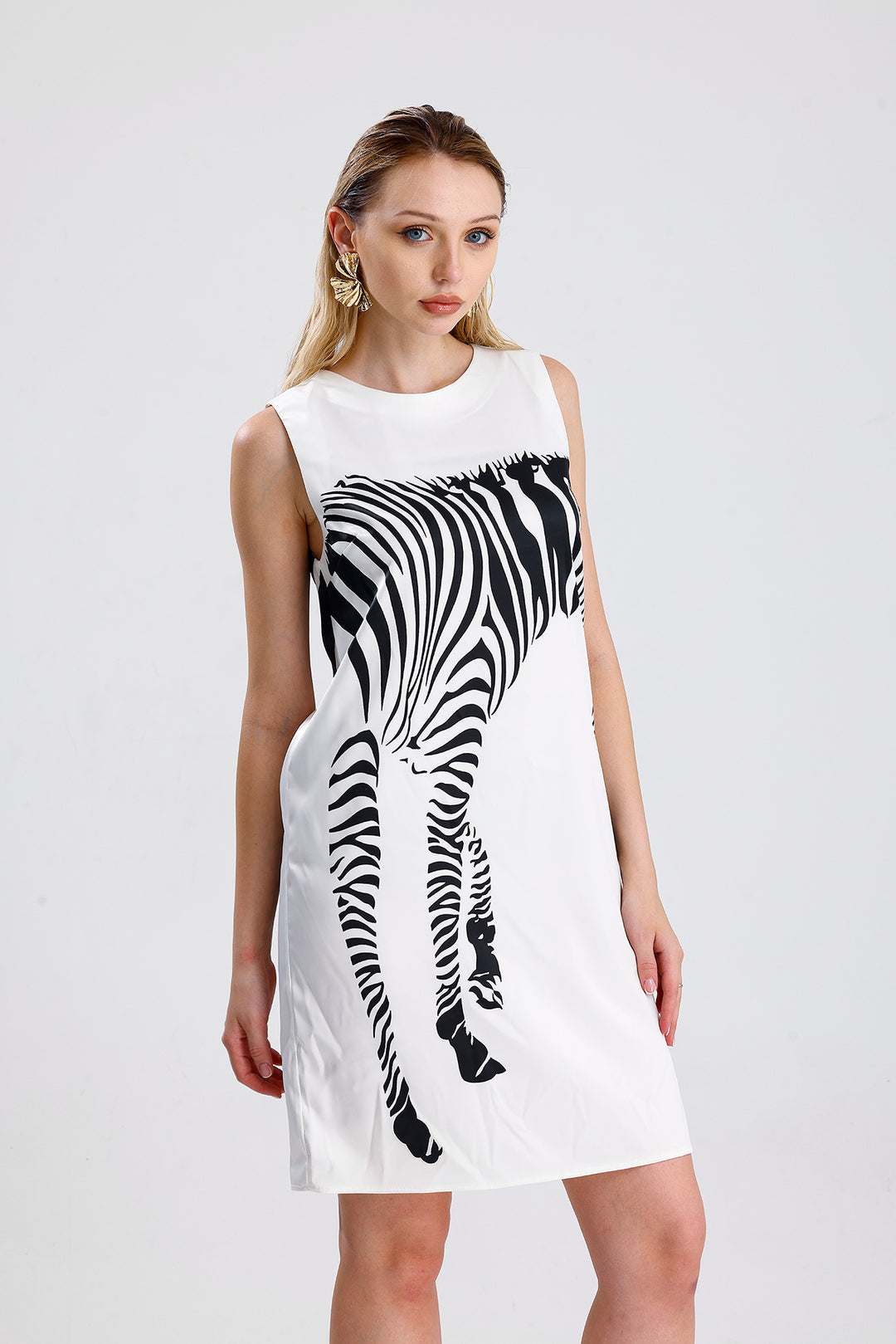 SNS Sense White Pool Neck Digital Printed Satin Dress - Farnborough
