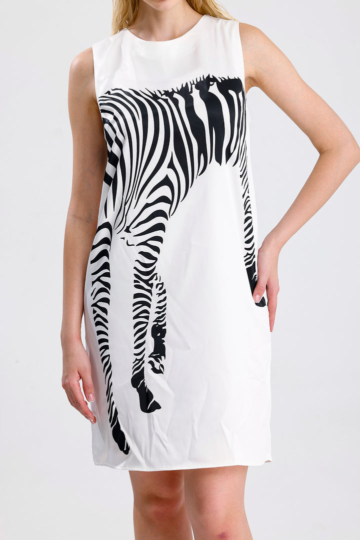 SNS Sense White Pool Neck Digital Printed Satin Dress - Farnborough