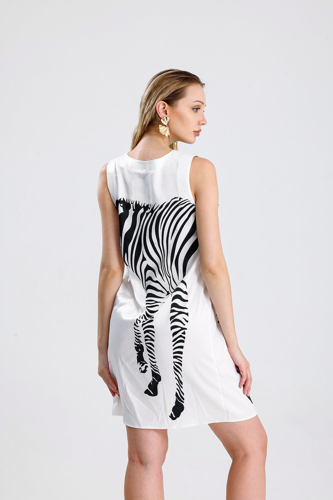 SNS Sense White Pool Neck Digital Printed Satin Dress - Farnborough