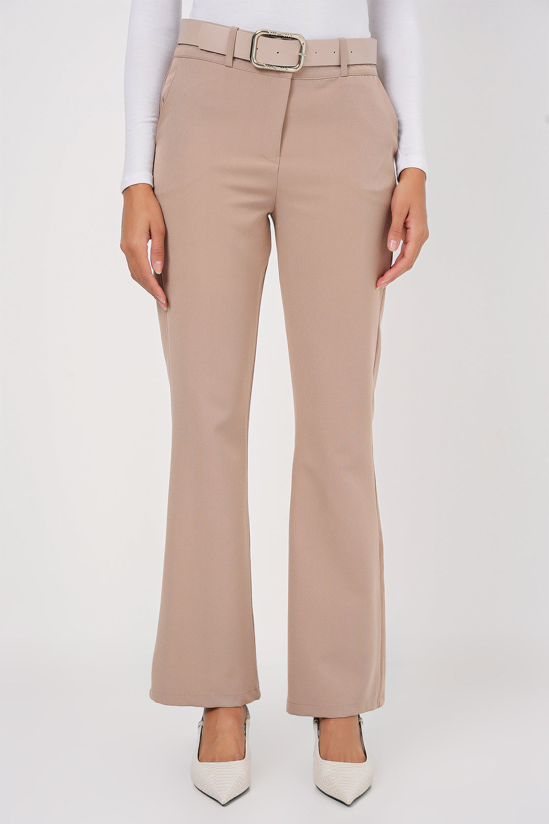 BGD Women Belted Spanish Flare Pants - Beige - Saginaw