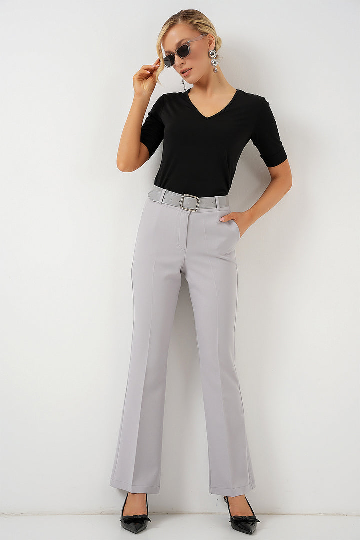 BGD Women Belted Spanish Flare Pants - Gray - Chalco